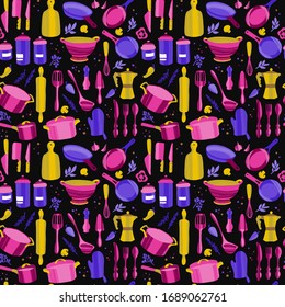 Kitchenware and utensils. Cooking flat hand drawn seamless pattern. Kitchen appliance decorative colorful illustration. Kitchen textile, vector background.