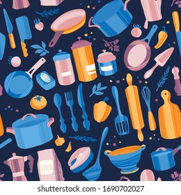 Kitchenware and utensils. Cooking flat hand drawn seamless pattern. Kitchen appliance decorative colorful illustration. Kitchen textile, vector background.