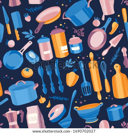 Kitchenware and utensils. Cooking flat hand drawn seamless pattern. Kitchen appliance decorative colorful illustration. Kitchen textile, vector background.
