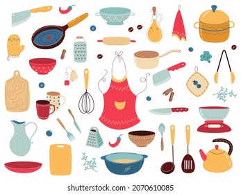 Kitchenware utensils. Cooking supplies and accessories, cutting boards, pots and pans, ceramic plates and steel knives, apron. Home and cafe equipment, vector cartoon flat isolated set