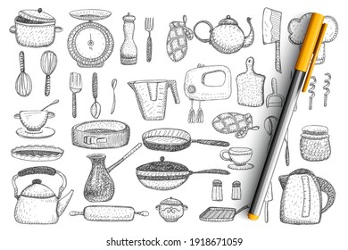 Kitchenware and utensils doodle set. Collection of hand drawn kettle, frying pan, mixer, knife, teapot, cutlery, cups and mugs, tableware, mitten and grill isolated on transparent background