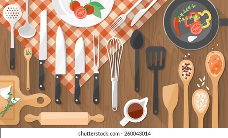 Kitchenware Utensils And Food On Wooden Worktop, Food Preparation And Cooking Concept