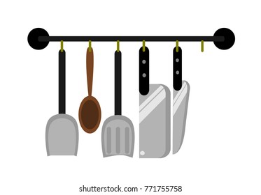 Kitchenware Utensils Hanging On Wall. Illustration Vector