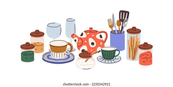 Kitchenware, utensils, household tools composition. Kitchen ware, glassware, cutlery, cups, tea pot, sugar bowl and condiments, spices in jars. Flat vector illustration isolated on white background.