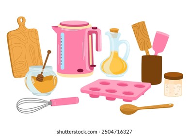 Utensilios de cocina, utensilios de cocina, utensilios de cocina. Utensilios de cocina, cristalería, cubiertos, tazas, tetera, azucarera y condimentos, especias en frascos. Ilustración vectorial plana aislada sobre fondo blanco