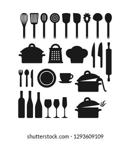 Kitchenware utensils pots and tools black silhouette icon set. Kitchen appliances, cutlery, silverware, cooking pan pod, bottles and glasses vector icons.