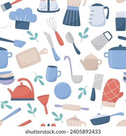 Kitchenware and utensils seamless pattern. Cooking items background. Crockery, cutlery, electrical appliances for cooking print, flat style vector illustration