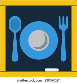 Kitchenware utensils, spoon fork plate icon in flat style, on school chalkboard background. For food,  education, restaurant, infographics and internet web site design