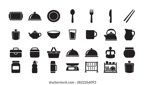 Kitchenware utensils and tableware black silhouette icons set with kitchenware