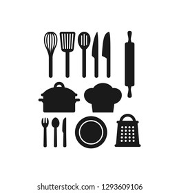 Kitchenware utensils vector black icon set. Kitchen appliances, pot, grater, chef hat, rolling pin, knife, fork, spoon vector icons.