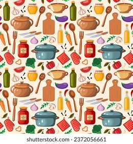 Kitchenware and utensils, vector seamless pattern, illustration in cartoon style.