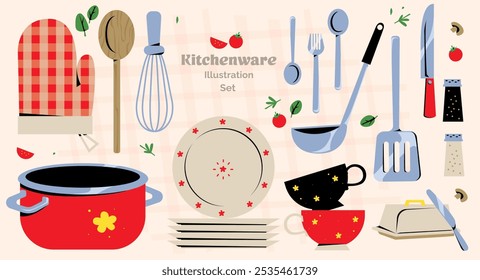 Utensílios de cozinha vetor cartoon ilustração set home, café, bistrô, coleção restaurador