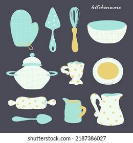 Kitchenware Vector. Casserole, Rolling Pin, Whisk, Cup, Milk Jar, Spoon. Village Style. Old Fashioned Cook Book Design.