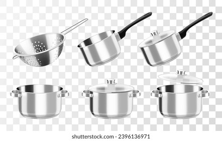 Kitchenware, vector cooking set. Cookware pots or saucepan, and stew pan with lids, ladle and metallic colander for cooking. Isolated on transparent background. Realistic 3d vector illustration