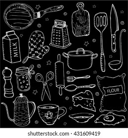 Kitchenware vector elements, kitchen set tools hand drawn sketch black and white