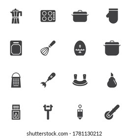 Kitchenware vector icons set, kitchen utensils modern solid symbol collection, filled style pictogram pack. Signs, logo illustration. Set includes icons as coffee pot, saucepan, mixer, cutting board