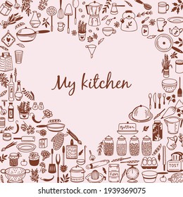 Kitchenware Vector illustration. Tool and ware collection. Hand drawn, doodle Cookware elements. Template, banner for design, menu, restaurant, cafe, bakery, wallpaper, recipe card, cookbook.