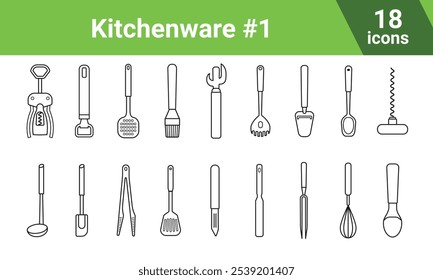 Iconos de línea de Vector de utensilios de cocina. Sacacorchos, abridor, cuchara ranurada, cepillo de pastelería, cuchara de espagueti, cuchillo de queso, cuchara de cocina, cucharón, espátula de crema, pinzas, pelador, tenedor recto, batidor, cuchara de helado, etc