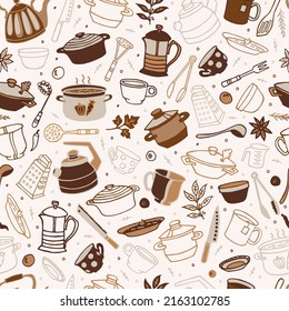 Kitchenware Vector pattern. Tool and ware collection. Hand drawn, doodle cooking icon. Cookware element. Template, banner for design, menu, restaurant, cafe, bakery, wallpaper, recipe card, cookbook.