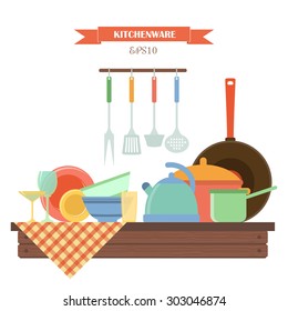Kitchenware. Vector set of elements on wooden table: cup, kettle, pot, ladle, tablecloth, plate, frying pan. Colorful kitchen scene in flat style. Perfect for infographic, web design. 