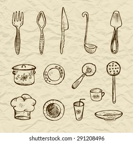 Kitchenware vector set: kitchen knife, spoon, toque, brown cook dishes on torn paper background