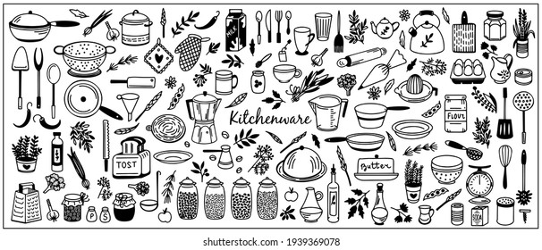 Kitchenware Vector set. Tool and ware collection. Hand drawn, doodle cooking icons. Cookware elements. Template, banner for design, menu, restaurant, cafe, bakery, wallpaper, recipe card, cookbook. 