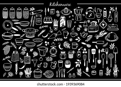 Kitchenware Vector set. Tool and ware collection. Hand drawn, doodle cooking icons. Cookware chalkboard. Template, banner for design, menu, restaurant, cafe, bakery, wallpaper, recipe card, cookbook. 