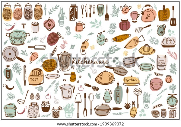 Kitchenware Vector set. Tool and ware collection. Hand\
drawn, doodle cooking icons. Cookware elements. Template, banner\
for design, menu, restaurant, cafe, bakery, wallpaper, recipe card,\
cookbook. 