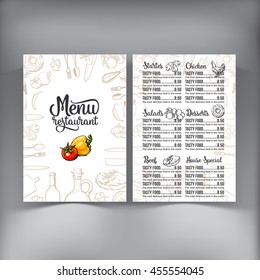 Kitchenware, vegetables and cutlery menu design sketch style vector illustration isolated on white background. Concept of menu banner poster flyer cover design for cafes and restaurants