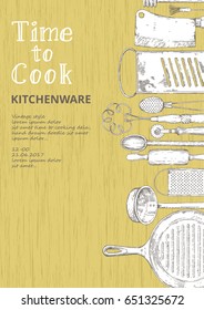 Kitchenware. Vintage background with images of kitchen utensils. Hand drawn style.