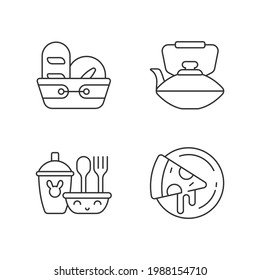 Lineare Icons für das Küchenabendessen. Küchenbrotkorb. Pizzaglatten für Pizzerien. Chinesischer Teekopf. Anpassbare Dünnlinienkontursymbole. Einzige Vektorgrafik-Rahmenillustrationen. Bearbeitbarer Hub
