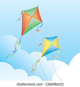 Kite above the clouds.Vector illustration of Kites in Air.Flying kites