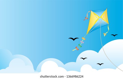 Kite above the clouds.Vector illustration of Kites in Air.Flying kites