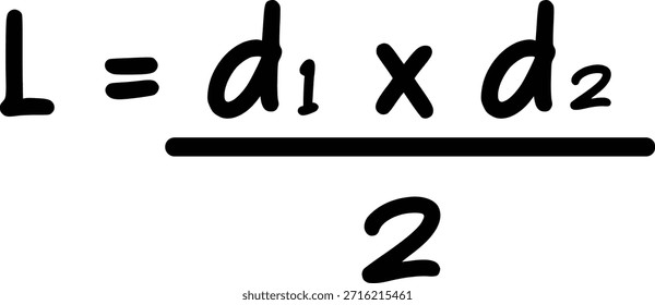 Ilustração de fórmula de área de pipa representando cálculo geométrico, medição matemática, conceito de educação e material básico de aprendizagem espacial em estilo manuscrito.