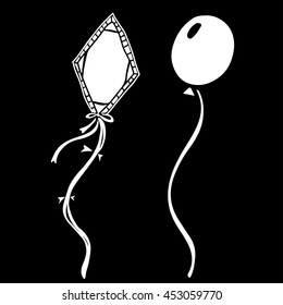 Kite. Balloon. Cartoon hand drawn white isolated on black board background