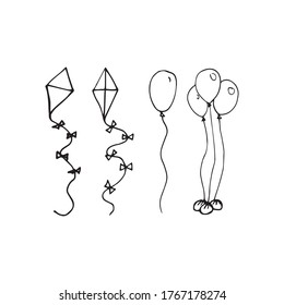Kite and balloon doodle. Vector illustration