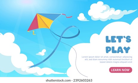 Drachenbanner lässt Spielen. Landing Page Design. Farbiges Papierspielzeug an der Schnur für Kinder. Roter und gelber Drachen am Himmel mit Wolken. Unterhaltung, Spaß und Freizeit. Cartoon-Flavektor-Vektorgrafik