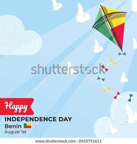 Kite with Benin Flag Flying Under Bright Blue Sky with Sunlight and White Doves. Benin Independence Day.