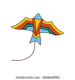 Kite bird shaped. Toy flying in the air on a string, soaring in sky in wind, different colors. Hand drawn vector isolated illustration single clip art on a white background. Outdoors entertainment