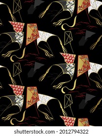 kite black gold traditional geometric kimono seamless pattern vector sketch illustration line art japanese chinese oriental