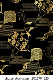 kite black gold traditional geometric kimono seamless pattern vector sketch illustration line art japanese chinese oriental