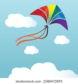 Kite in the blue cloudy sky. Vector illustration