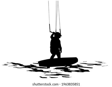 Kite boarder silhouette in black on white background 