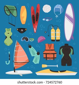 Kite boarding fun ocean extreme water sport canoe surfer sailing leisure ocean activity summer recreation extreme vector illustration.