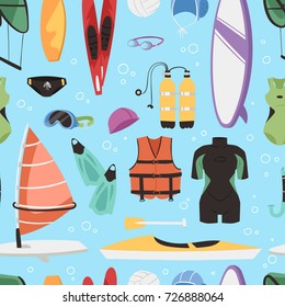 Kite boarding fun ocean extreme water sport canoe surfer sailing leisure ocean activity summer recreation extreme vector seamless pattern background