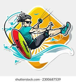 Kite boarding. Kitesurf freestyle. Sports disciplines. cartoon vector illustration, white background, label, sticker