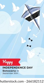 Kite with Botswana Flag Flying Under Bright Blue Sky with Sunlight and White Doves. Botswana Independence Day.