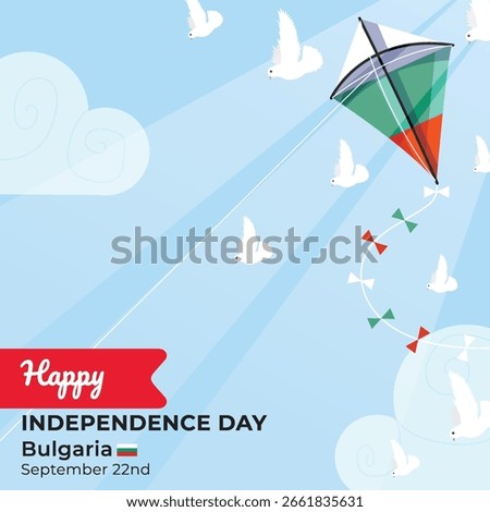 Kite with Bulgaria Flag Flying Under Bright Blue Sky with Sunlight and White Doves. Bulgaria Independence Day.