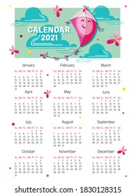Kite. Calendar 2021. Vector baby calendar. Week starts on Sunday. Cartoon kite with cute butterflies