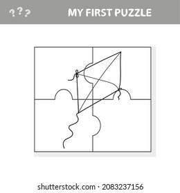 Kite in cartoon style, education game for the development of preschool children. My first puzzle and coloring page